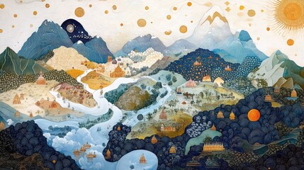 Colorful Pichwai painting showcasing Govardhan Puja with Krishna lifting the Govardhan Hill, divine Indian folk art.