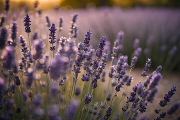 Obraz premium Lavender field at sunset with blooming purple flowers in a serene outdoor setting Generative AI