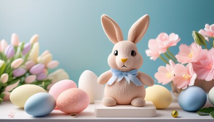 cute toy easter bunny on a podium with easter eggs and easter decorations in soft pastel colors against the background of spring flowers