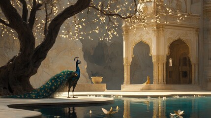 Elegant Pichwai artwork with Krishna standing near a temple pond, peacocks and lotuses adorning the composition, intricate gold accents.