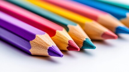 Fototapeta premium Close up of colorful sharpened pencils on a white background. The pencils are arranged in a row, showcasing a variety of vibrant hues.