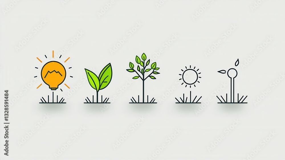 Aufkleber a set of minimalist sleek outlined icons representing different environmental elements and renewable