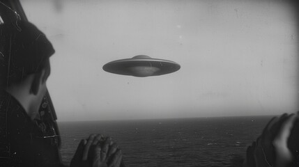 Vintage Style Photograph of a Flying Saucer Sighting from a 1940s Aircraft
