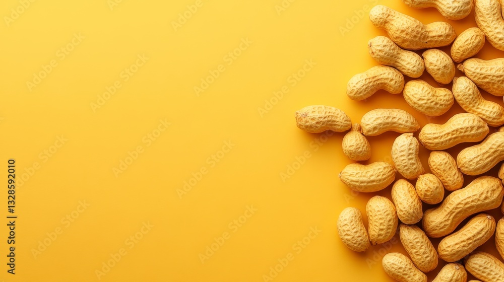 Poster close up view of numerous peanuts scattered on a yellow background, leaving copy space. the peanuts 