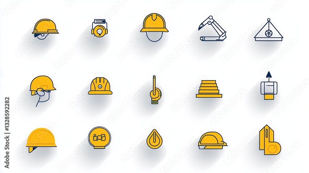Poster a set of minimalist sleek icons representing various types of helmets and hard hats used in construc