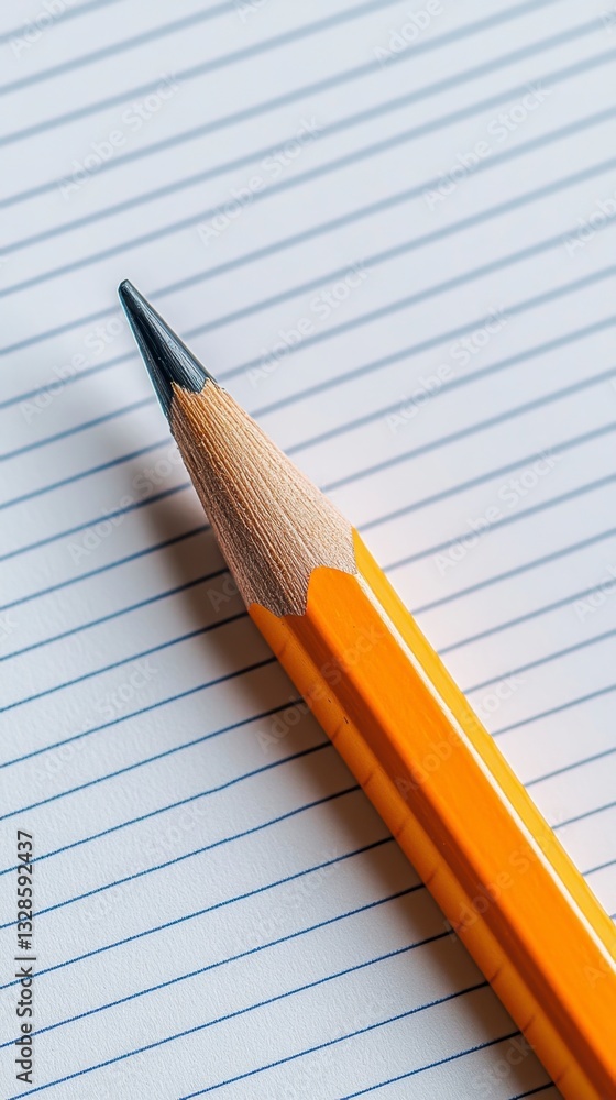 Poster close up of a sharpened yellow pencil on lined paper. the pencil is positioned diagonally, with its 