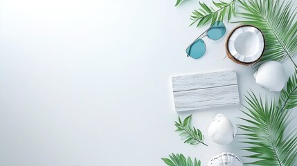 Tropical Summer Vibes with Sunglasses, Coconut, and Palm Leaves on Light Background