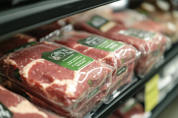 Lab grown meat. Cultured meat in vacuum sealed packaging on a supermarket shelf. 
