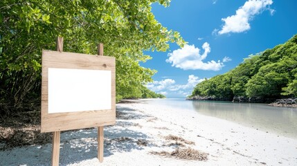 Blank Wooden Sign on Serene Tropical Beach with Azure Sky and Lush Greenery