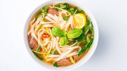 Satisfying bowl of vietnamese bun bo hue with spicy lemongrass beef noodles and fresh vegetables in flavorful broth