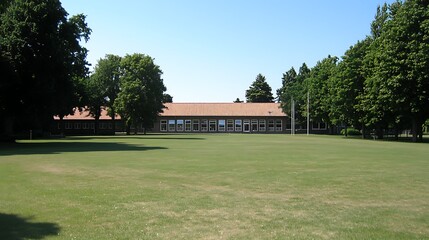Obraz premium School building with orange roof surrounded by green lawn