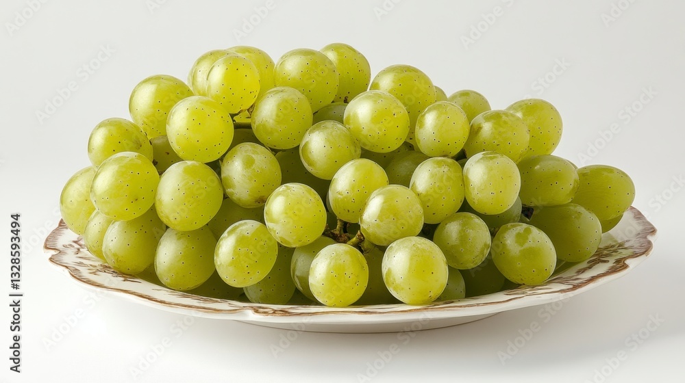 Poster close up view of a cluster of light green grapes with a slightly frosted appearance, arranged on an 