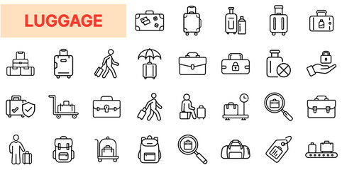 Luggage and Travel Bags Line Icons Set – Suitcases, Backpacks, Carry-On, Baggage Claim, Travel Security, Business Briefcase, Airport Trolley, Lost & Found, Vacation Packing