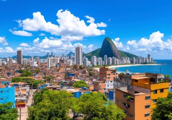 Obraz premium Vibrant cityscape overlooking a tropical coastline, featuring a prominent hill, densely packed buildings, and lush greenery under a bright blue sky. 