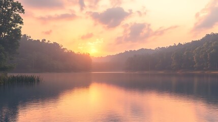 Fototapeta premium Sunrise at lake, still water reflecting morning light with forested background. Nature stock