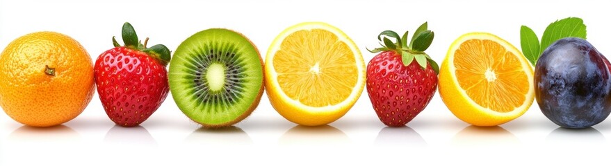 Vibrant citrus fruits and berries arranged in a row against a white background. A refreshing summer image.