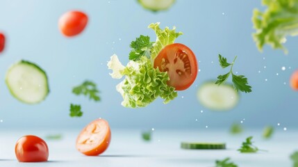 An artistic display of floating vegetables highlighting organic and fresh cooking concepts. Well-defined edges with no excessive blur.