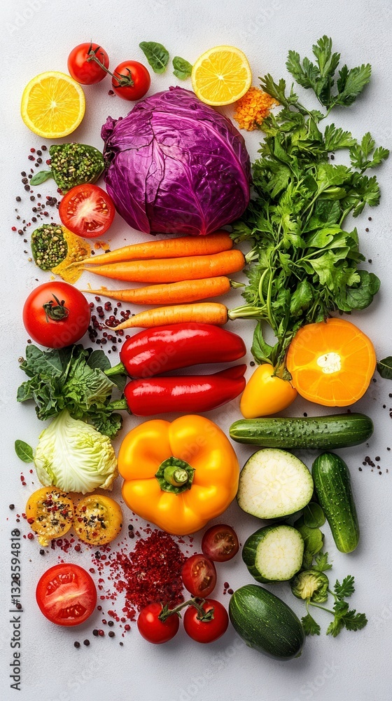 Aufkleber vibrant array of fresh vegetables and citrus fruits arranged on a light gray background. includes re