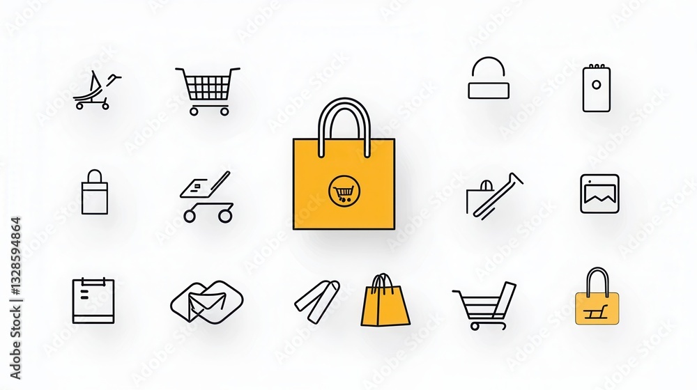 Poster a collection of 15 minimalist shopping related icons with a sleek outline based design for digital i