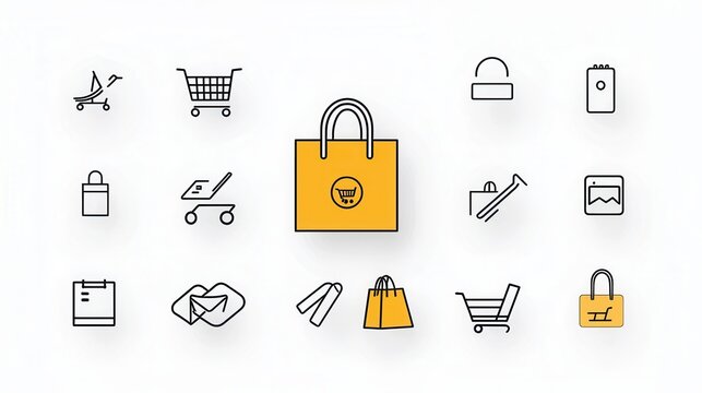 A collection of 15 minimalist shopping related icons with a sleek outline based design for digital interfaces and applications