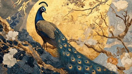 Intricate Pichwai painting of Krishna standing under a golden canopy, surrounded by floral vines, peacocks, and rich patterns.