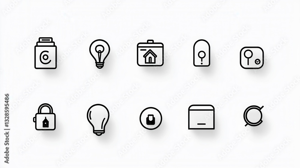 Poster a collection of minimalist sleek outline icons representing various smart home technologies and auto