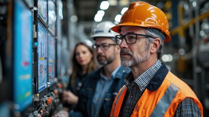 Industrial team analyzing digital data on factory floor for efficient production management and innovation