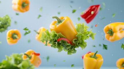 Sliced bell peppers and leafy greens floating in midair symbolizing healthy cooking habits. Ultra-sharp image with high detail.