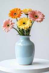 Colorful gerbera daisies in an elegant blue vase against a minimalist background, perfect for home decor and floral arrangements, showcasing nature's beauty