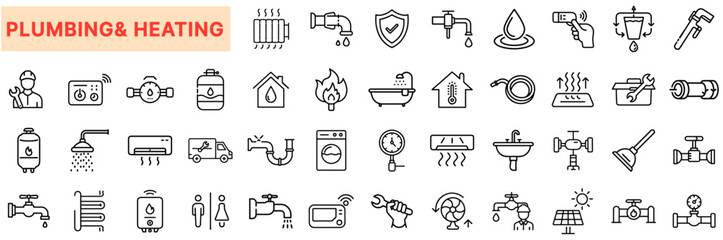 Plumbing and Heating Line Icons Set – Water Supply, Pipe Repair, Leak Detection, HVAC, Boilers, Radiators, Thermostat, Drainage, Faucets, Bathroom Fixtures