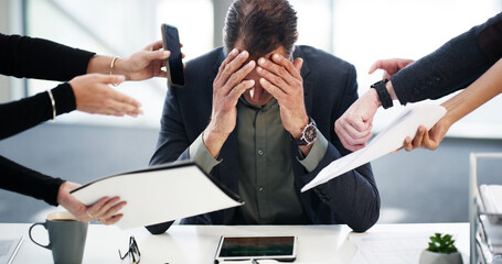 Business man, hands and stress for multitasking in office with workload demand, deadline pressure or headache. Time management, CEO and overwhelmed with phone call, paperwork procrastination or chaos