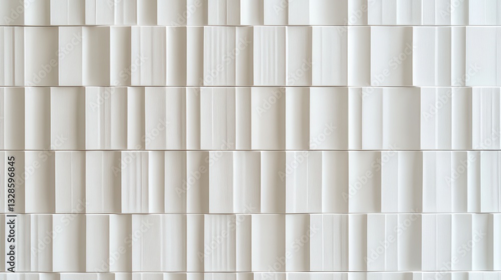Poster textured white wall revealing undulating rectangular pattern, creating architectural surface with ge