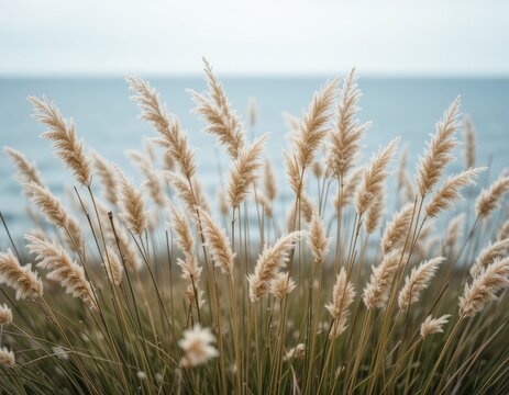 Pampas Grass Field Blowing in Breeze Near the Ocean Coastline