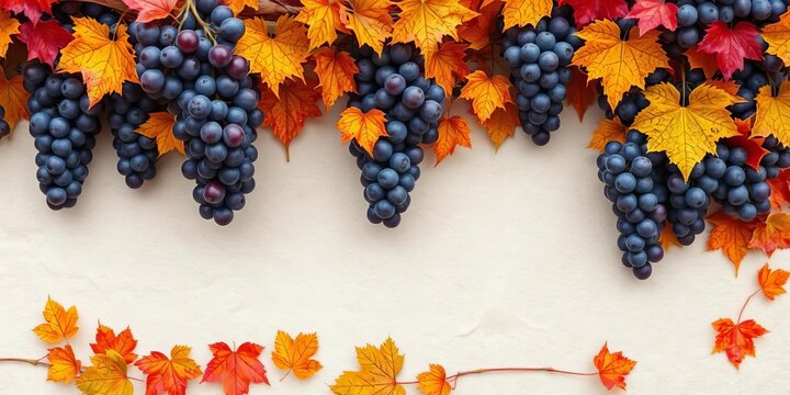Rustic grapevine frame overflowing with plump purple grapes and vibrant autumn leaves on textured paper, nature, colorful