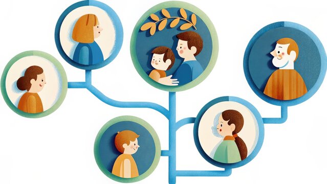 Family Tree Illustration Diverse Portraits Circular Design Warm Color Palette