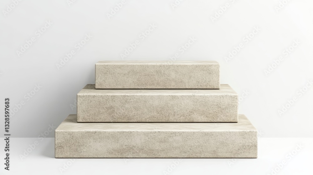 Poster stone blocks forming graduated steps against pristine white wall, creating minimalist architectural 