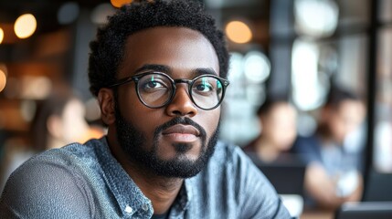 Fototapeta premium A man with glasses is sitting at a table with a laptop