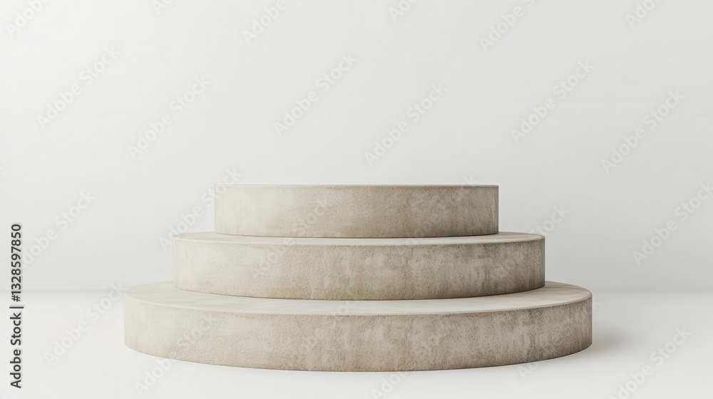 Poster three round concrete platforms of decreasing size are stacked to create a tiered podium, set against