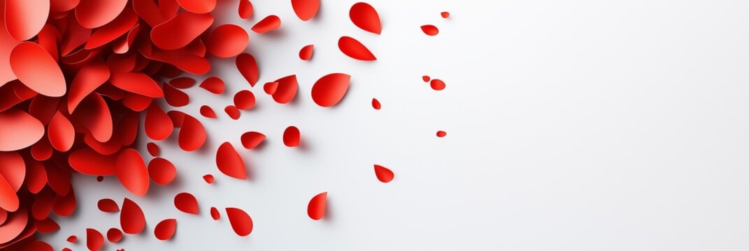 A scattered pattern of red paper blood droplets on a clean white background, symbolizing the impact of blood donation