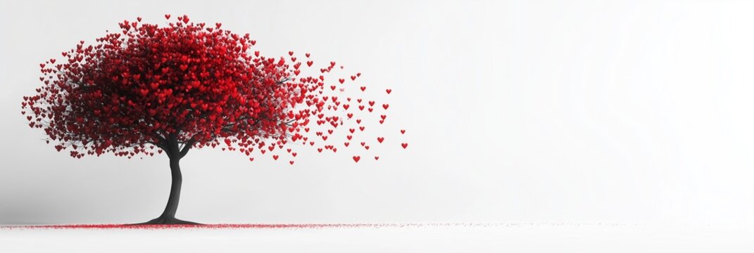 A red tree shedding heart-shaped leaves, symbolizing the act of giving in blood donation and saving lives