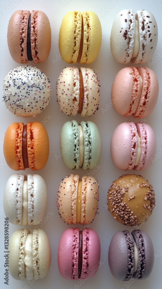 Poster assortment of colorful macarons arranged in rows on a white background. each macaron shows delicate 