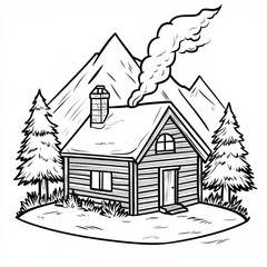 Charming kawaii style alpine chalet surrounded by mountains nature illustration minimalist scenic view