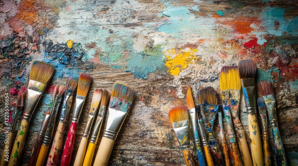 Poster paintbrushes of various sizes and colors arranged on a rustic wooden surface with colorful paint spl