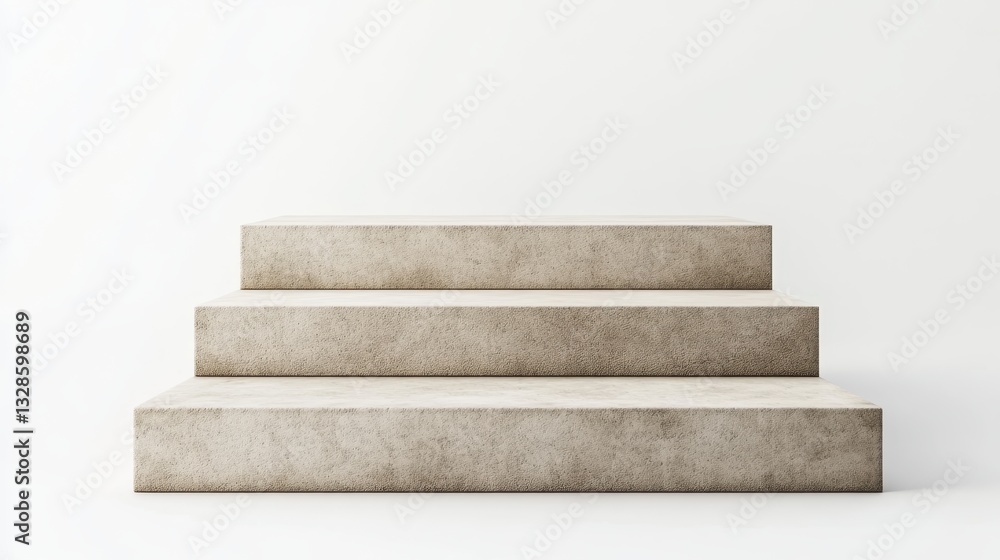 Poster minimalist stone steps ascending vertically, graduating in size against stark white background, symb