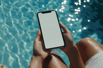 Woman holding smartphone near swimming pool in sunny outdoors.