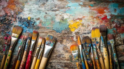 Obraz premium Paintbrushes of various sizes and colors arranged on a rustic wooden surface with colorful paint splatters. Overhead shot.