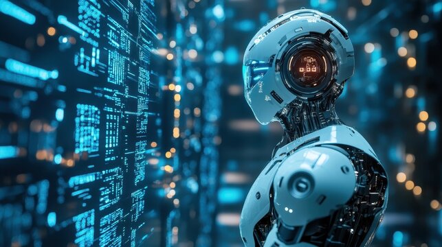 Humanoid robot analyzing data stream on virtual display, representing advanced ai processing capabilities in futuristic technological workspace - Powered by Adobe