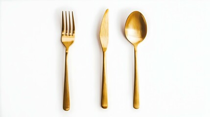 Top view of golden spoon and fork white