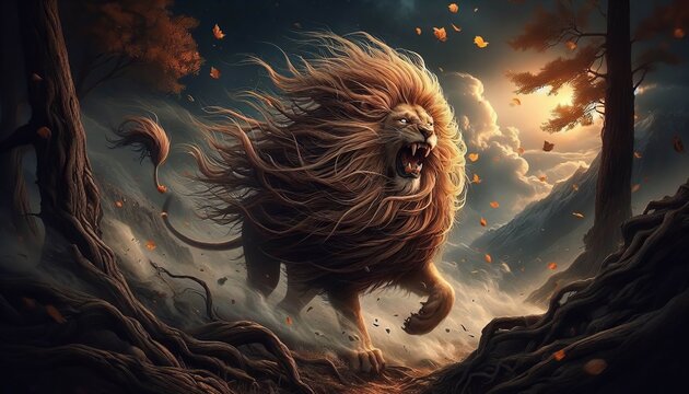The lionv s hair ruffling roar collides with the stifling air sc