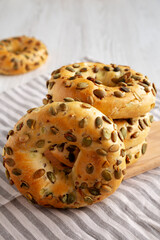 Homemade Healthy Organic Pumpkin Seed Bagels for Breakfast, side view.